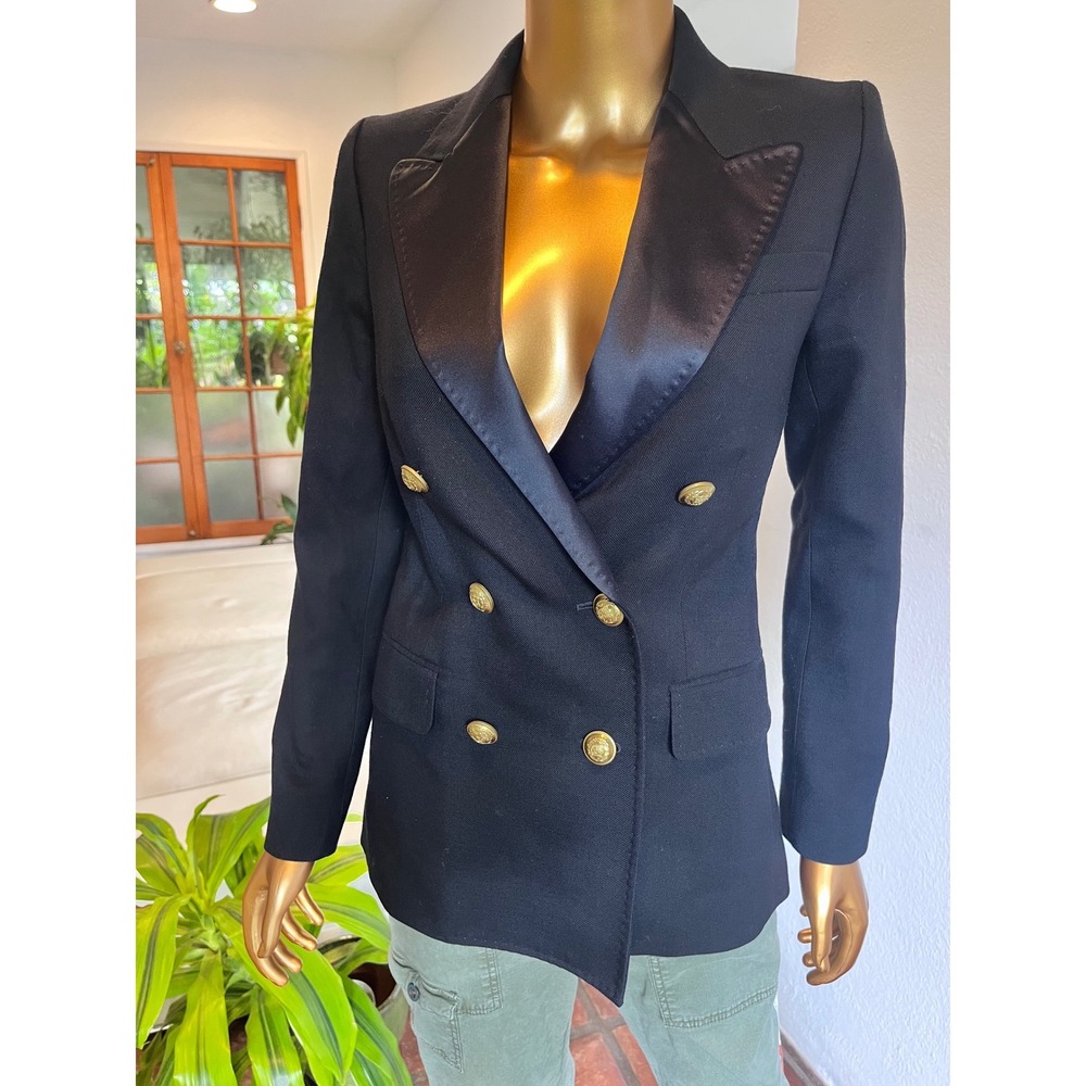 J.Crew Blue Wool Women 00 Double Breasted Tuxedo Blazer Satin Lapel Gold Button